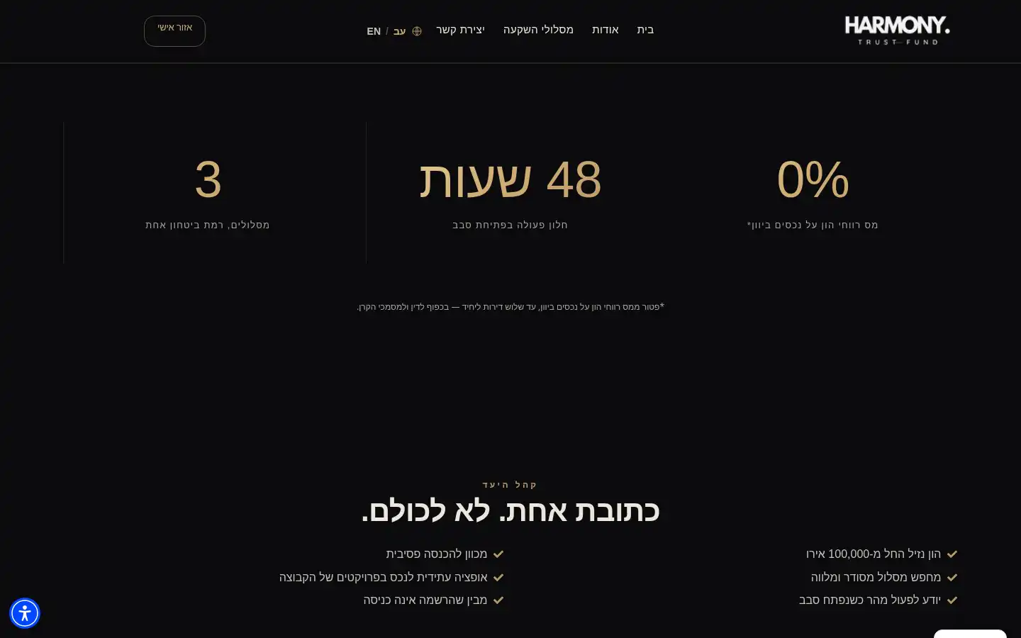 צילום מסך מאתר Harmony Bonds — חלון פעולה של 48 שעות והון נזיל מ-100,000 אירו